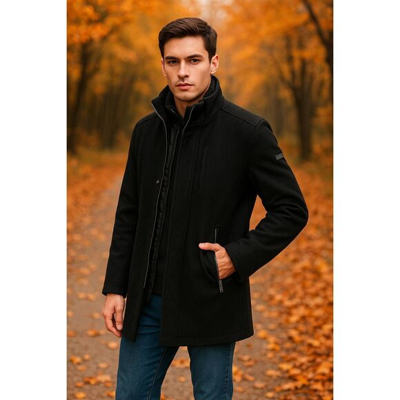 Vince Camuto Men’s Black Wool Blend Coat Size M NWT Zip Front Winter Jacket Faux - Picture 1 of 12